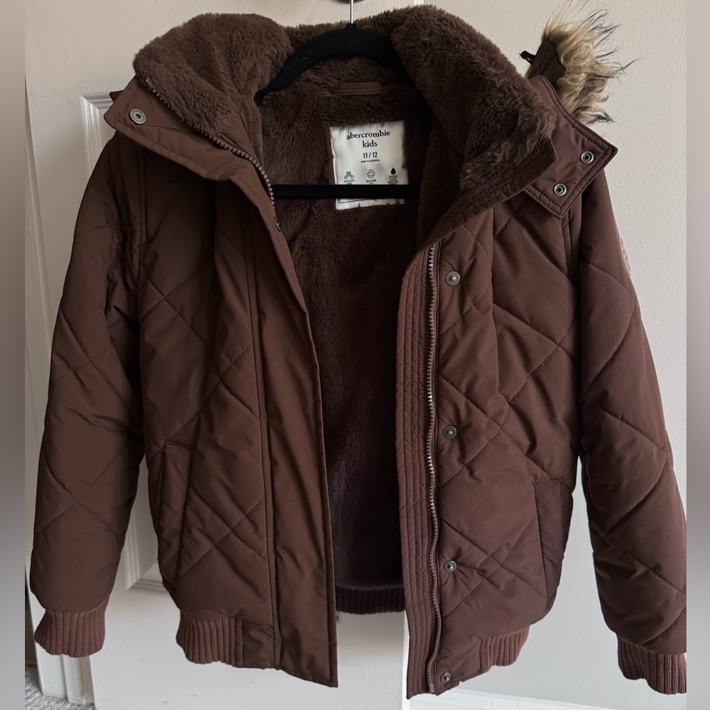 Abercrombie Kids Brown Puffer Jacket with Faux Fur Hood Size 11/12